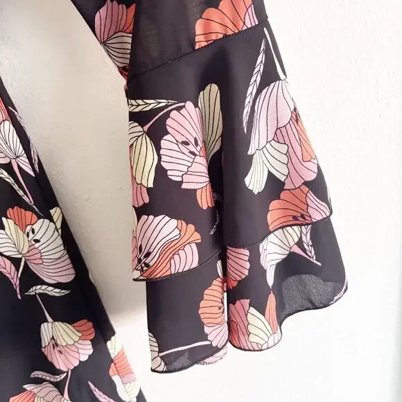 Who What Wear Dress Size L Black w/ Pink Cream Orange Floral Pattern Bell Sleeve - Picture 4 of 12